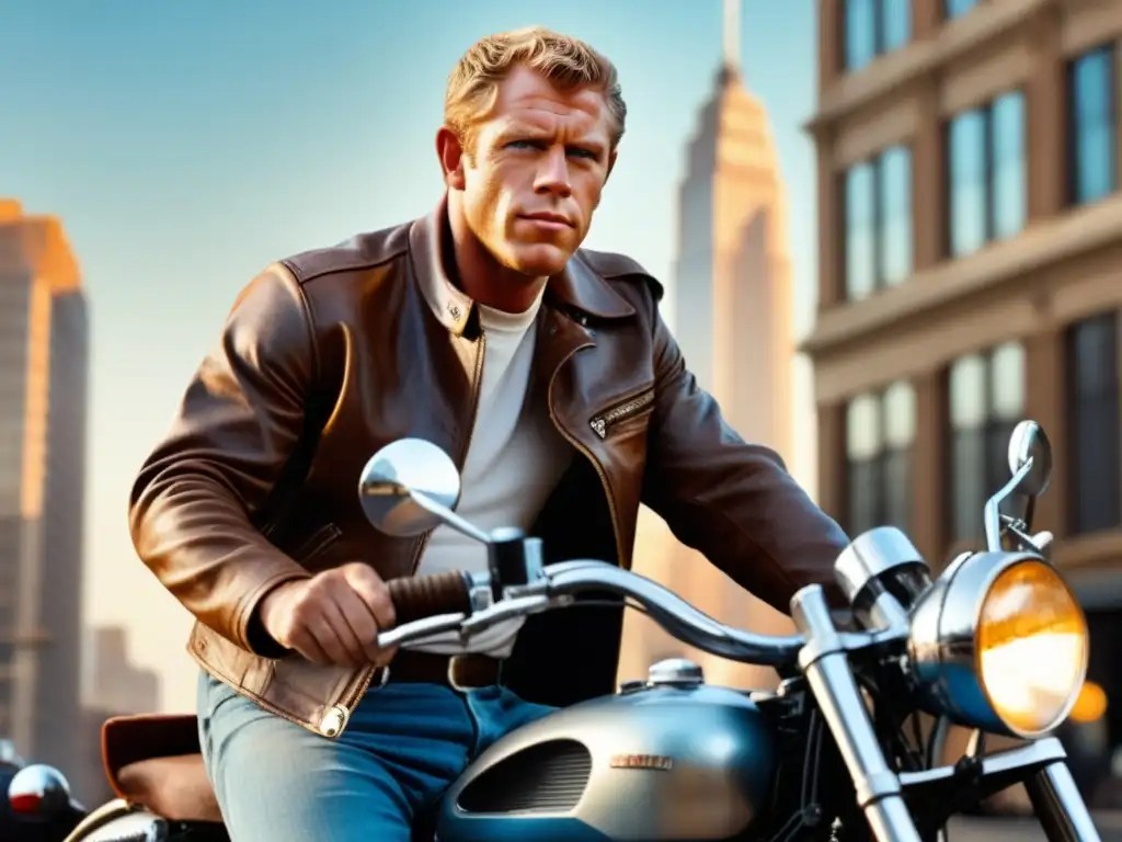 Steve McQueen, moda masculina: clásico estilo urbano, cazadora de cuero, camiseta blanca, jeans desgastados y motocicleta vintage