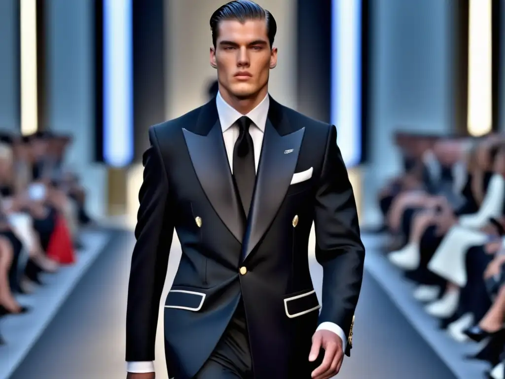 Tendencias moda masculina lujo Balenciaga: Un elegante desfile de moda masculina con un modelo destacando en un traje negro de Balenciaga