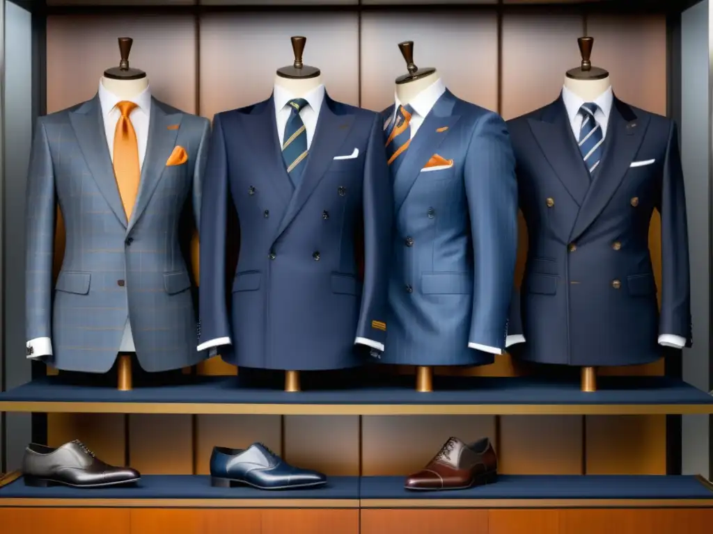 Tendencias moda masculina estilo británico: Elegantes trajes Kingsman en sala moderna, con atención a detalles y paleta de colores sofisticada