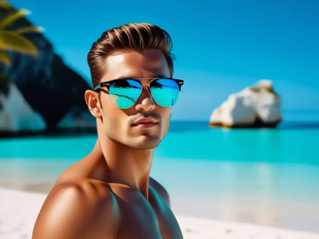 Moda masculina playa: modelo con gafas de sol en playa paradisíaca