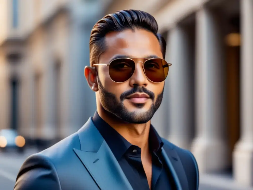 Un hombre con estilo usando gafas de sol que realzan su rostro ovalado, en un entorno profesional