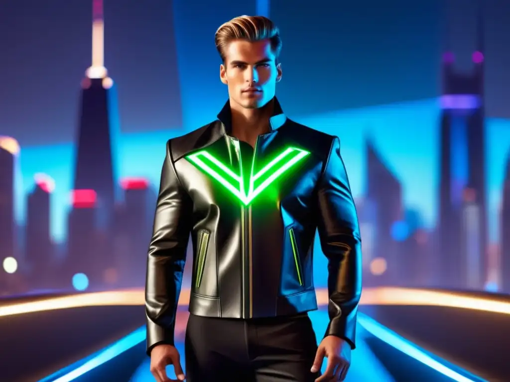 Tendencias moda masculina superhéroes: Modelo masculino elegante con atuendo de superhéroe en una ciudad futurista