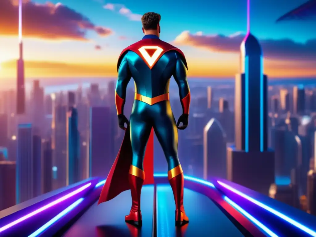 Tendencias moda masculina películas superhéroes: Superhéroe confiado en ciudad futurista con vestuario llamativo y tecnológico