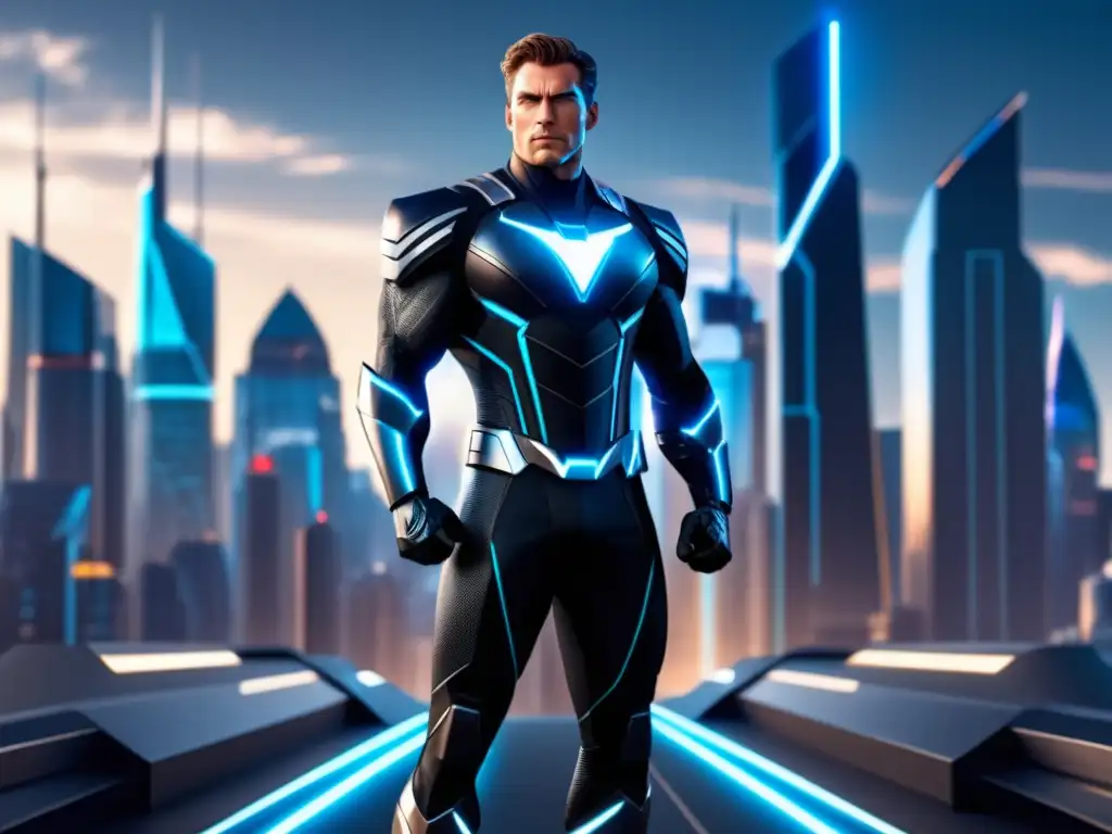 Tendencias moda masculina películas contemporáneas: Superhéroe en traje negro futurista contra ciudad luminosa