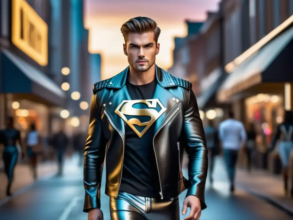 Tendencias moda masculina superhéroes: modelo urbano con outfit de superhéroe en una calle iluminada por neones