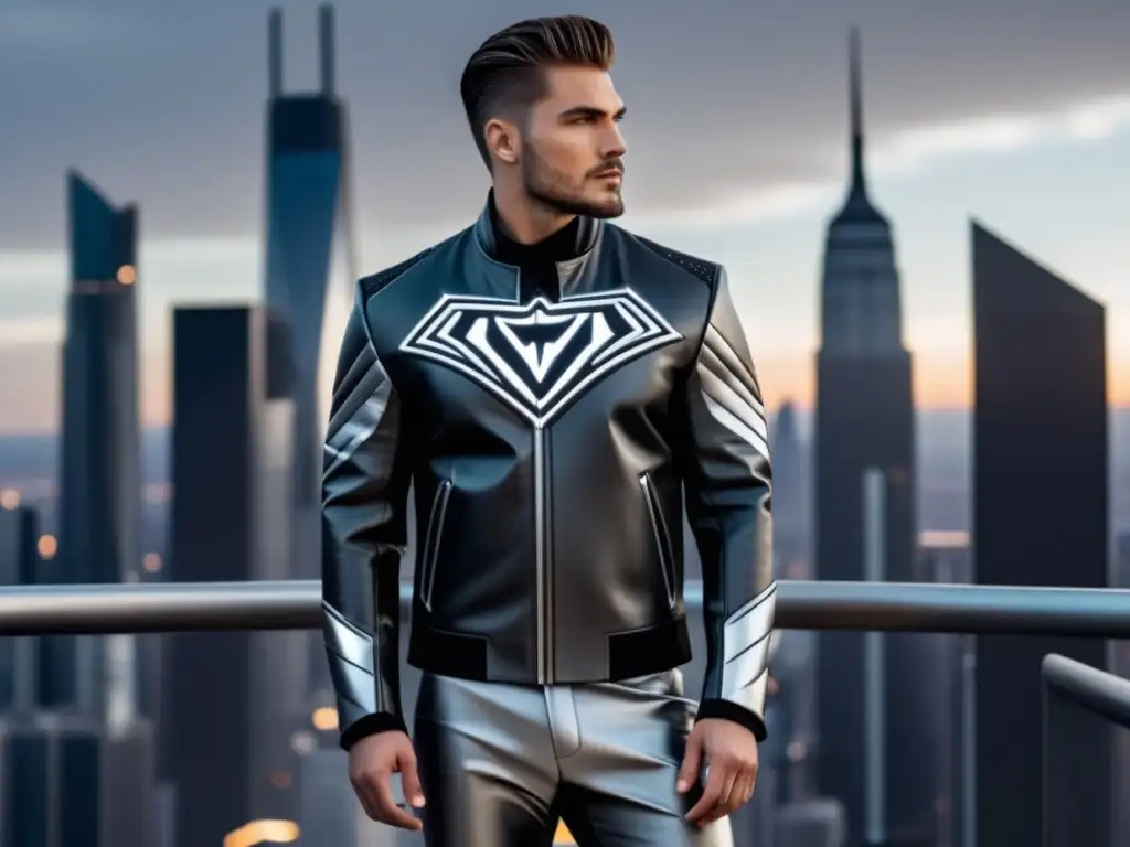 Tendencias moda masculina películas superhéroes: Modelo masculino en traje inspirado en superhéroes, frente a una ciudad futurista