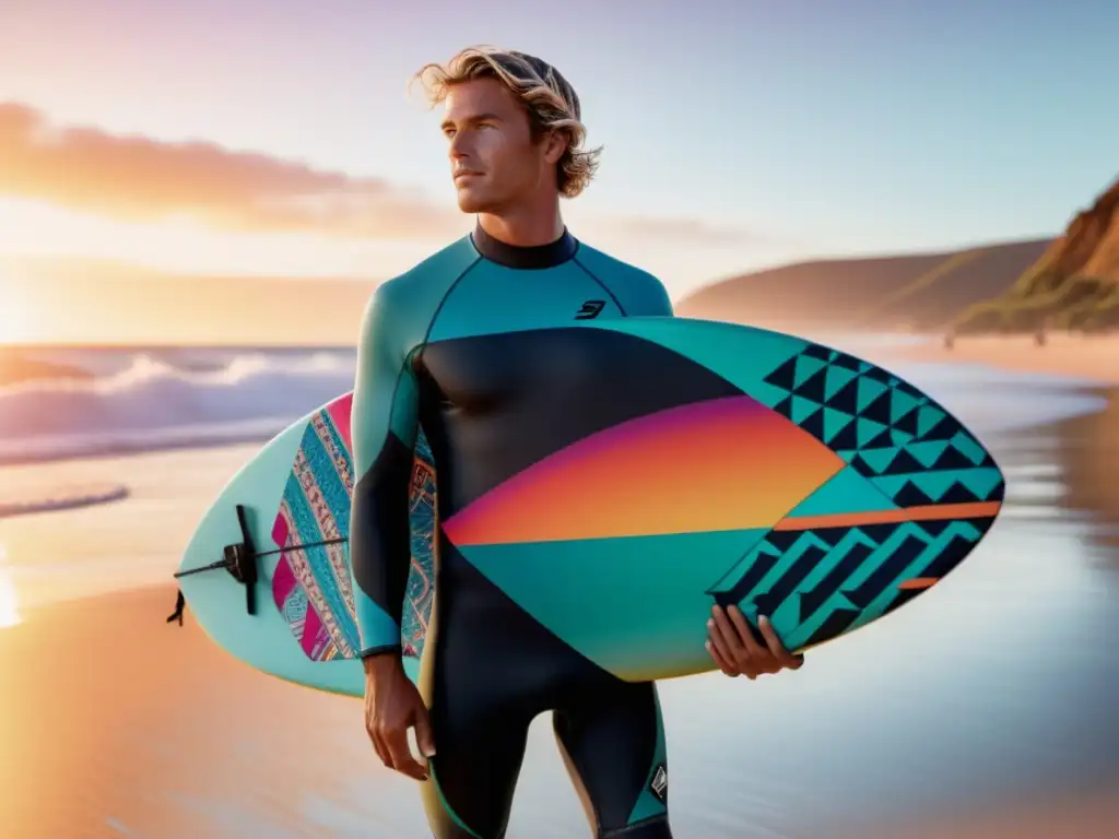 Tendencias moda masculina surf: surfista elegante en la playa al atardecer, con traje ceñido y estampado geométrico, sosteniendo tabla de surf