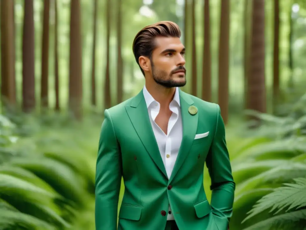 Tendencias moda masculina sostenible en impresionante imagen 8k de modelo elegante en traje ecofriendly, destacando naturaleza y estilo