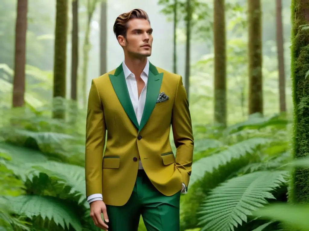 Modelo masculino en moda sostenible, tendencias actuales y elegancia en la naturaleza