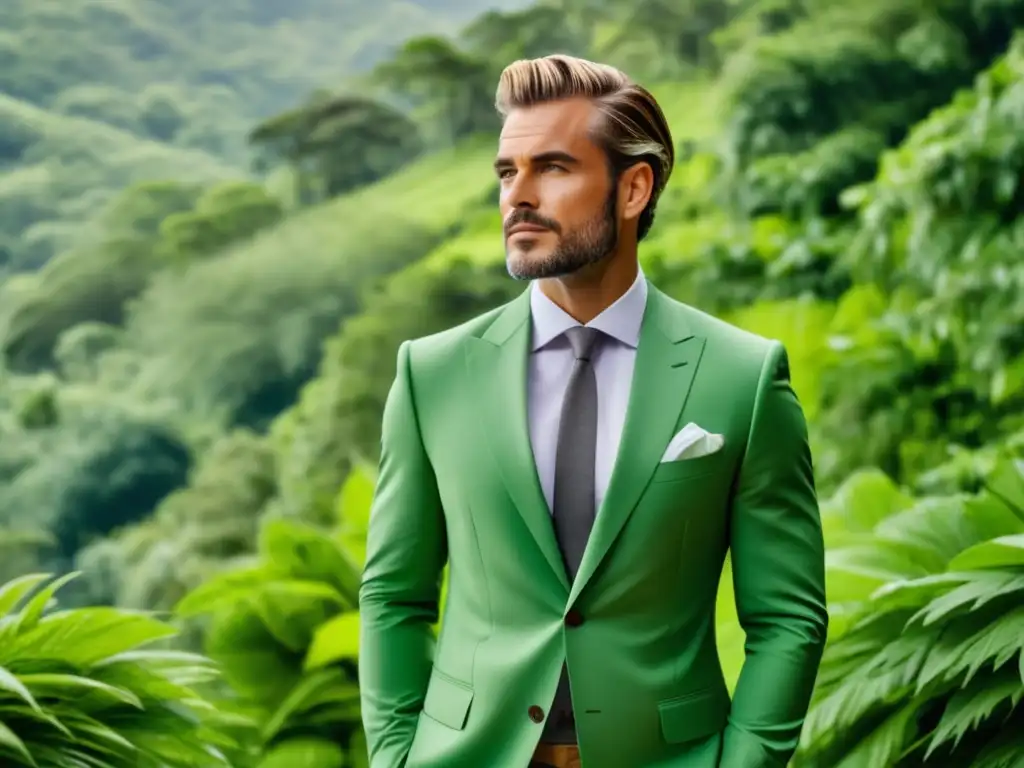 Hombre moderno en moda sostenible, elegante y conectado con la naturaleza