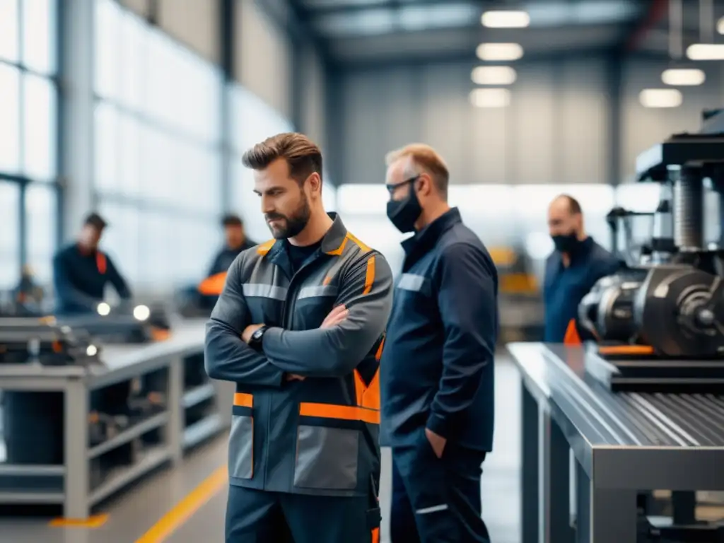 Ingenieros automoción en taller con ropa adecuada, protección personal y maquinaria avanzada