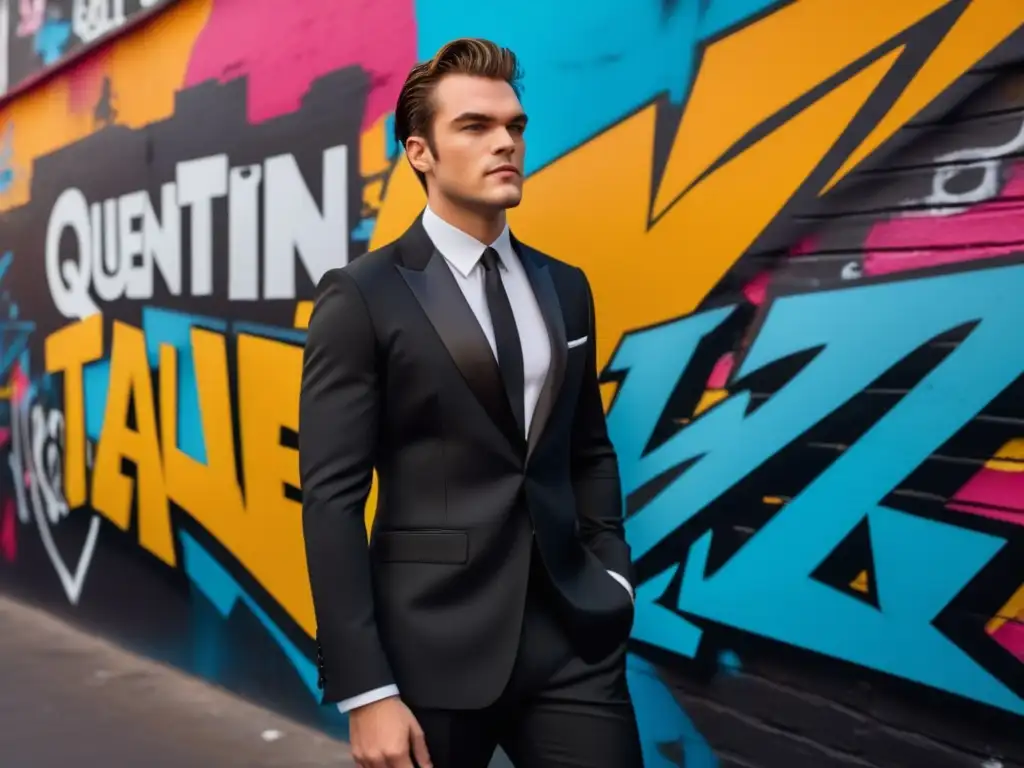 Tendencias moda masculina Quentin Tarantino: Modelo masculino en traje negro, con estilo Tarantino, frente a pared graffiti