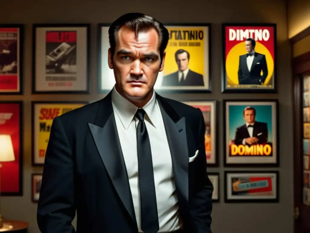 Hombre elegante de una película Tarantino en habitación nostálgica con sombras dramáticas, destacando estilo masculino y tendencias