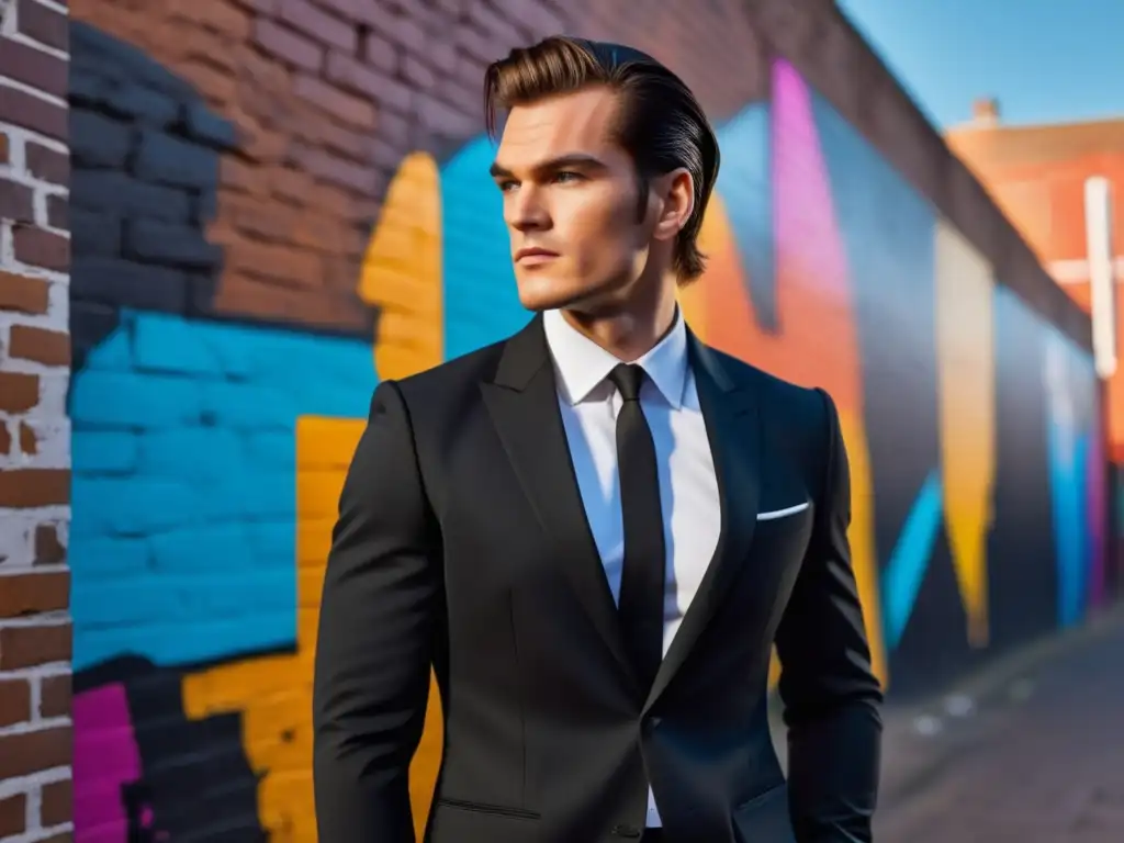 Modelo masculino elegante con traje negro estilo Quentin Tarantino - Tendencias moda masculina Quentin Tarantino