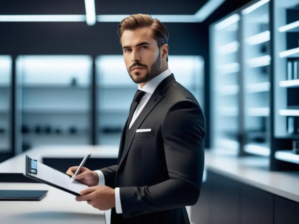 Técnico de control de calidad en traje negro, confidente en laboratorio moderno