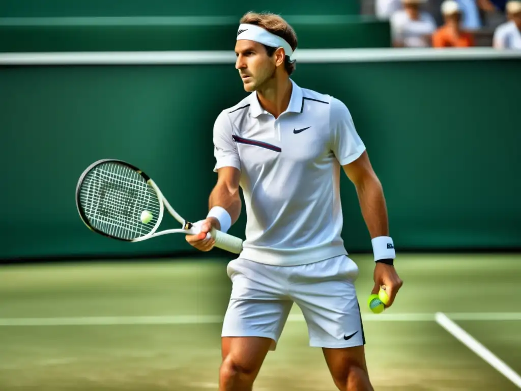 Un jugador de tenis masculino en una cancha con ropa moderna y elegante, sosteniendo una raqueta de alta gama