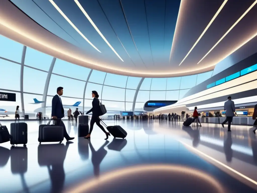 Beneficios del equipaje inteligente en un moderno y eficiente aeropuerto con viajeros confiados y maletas inteligentes de alta tecnología