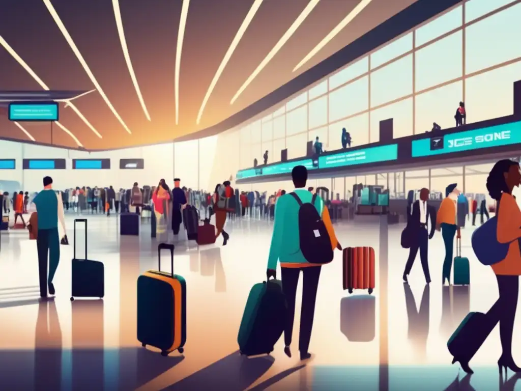Aeropuerto moderno y diverso Mejores opciones equipaje hombres viajeros: aeropuerto moderno, viajeros diversos con estilo, maletas y mochilas, energía y aventura