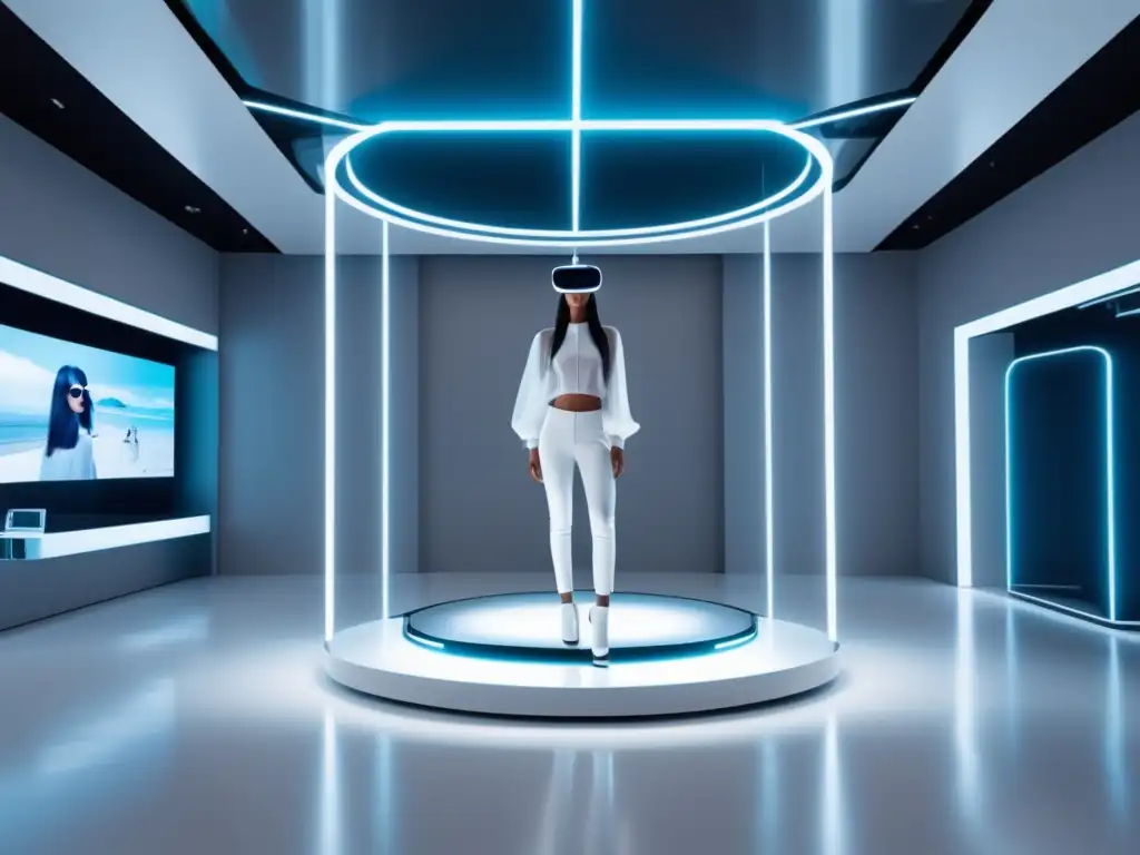 Tienda virtual moda realidad virtual: Futurista tienda de moda en realidad virtual con hologramas y ropa digital