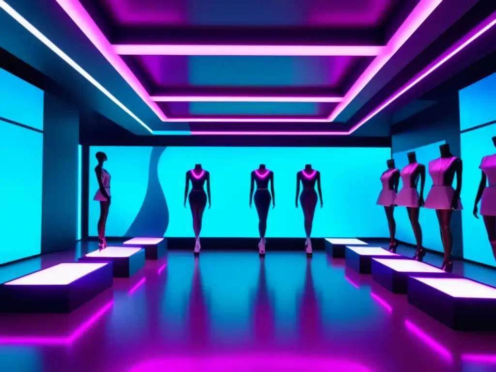 Tienda virtual moda realidad virtual: Futurista tienda virtual de moda en 8k con hologramas, maniquíes virtuales y realidad aumentada