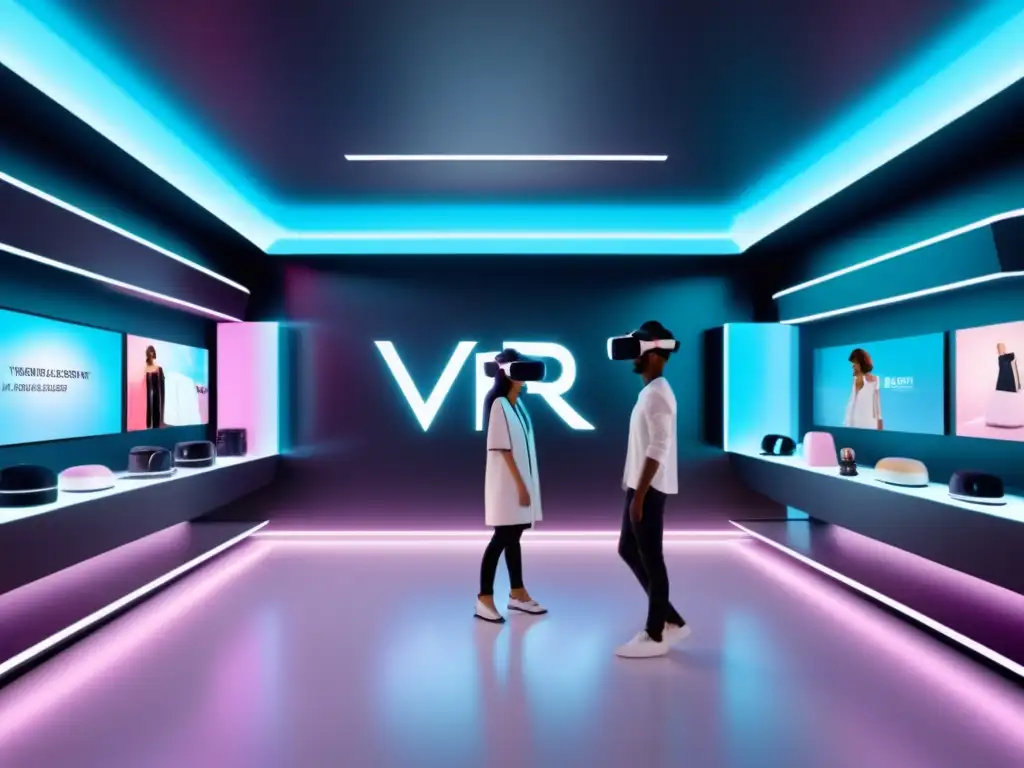 Tienda virtual moda realidad virtual: Futurista y moderna, con hologramas y clientes interactuando con avatares virtuales