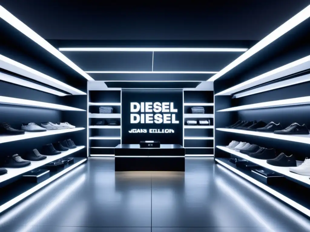 Evolución de Diesel en moda masculina: tienda moderna con decoración minimalista, iluminación destacada y exhibición de la última colección