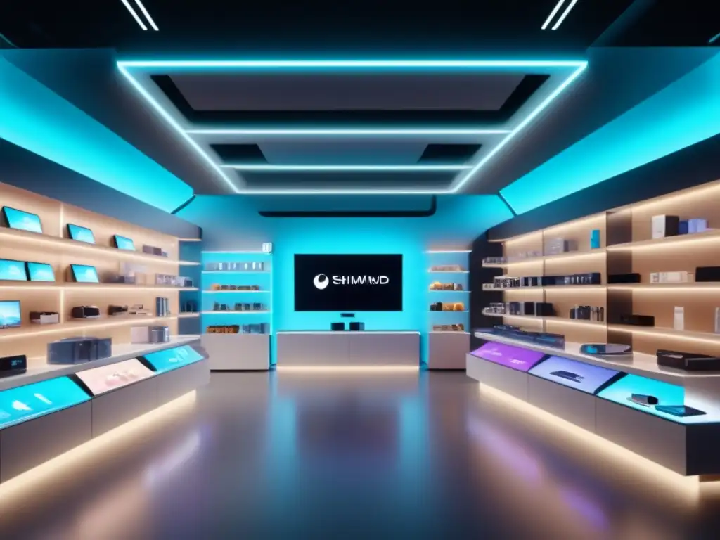 Beneficios realidad virtual en compras: Tienda futurista con productos virtuales y clientes inmersos en experiencia de compra