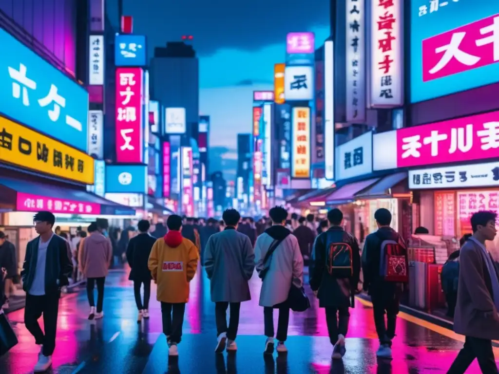 Tendencias moda masculina Anime en una vibrante escena urbana en Tokio al atardecer