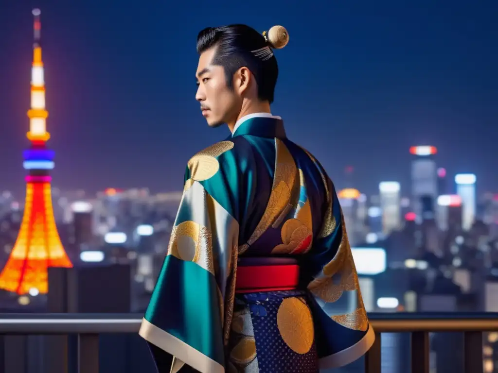 Tendencias moda masculina Japón: Hombre elegante en Kimono tradicional fusiona moda tradicional y futurista en vibrante imagen nocturna de Tokio