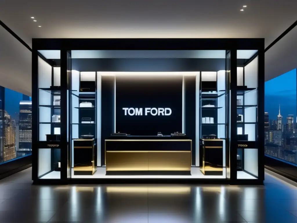 Tendencias moda masculina Tom Ford boutique moderna y sofisticada en ciudad vibrante