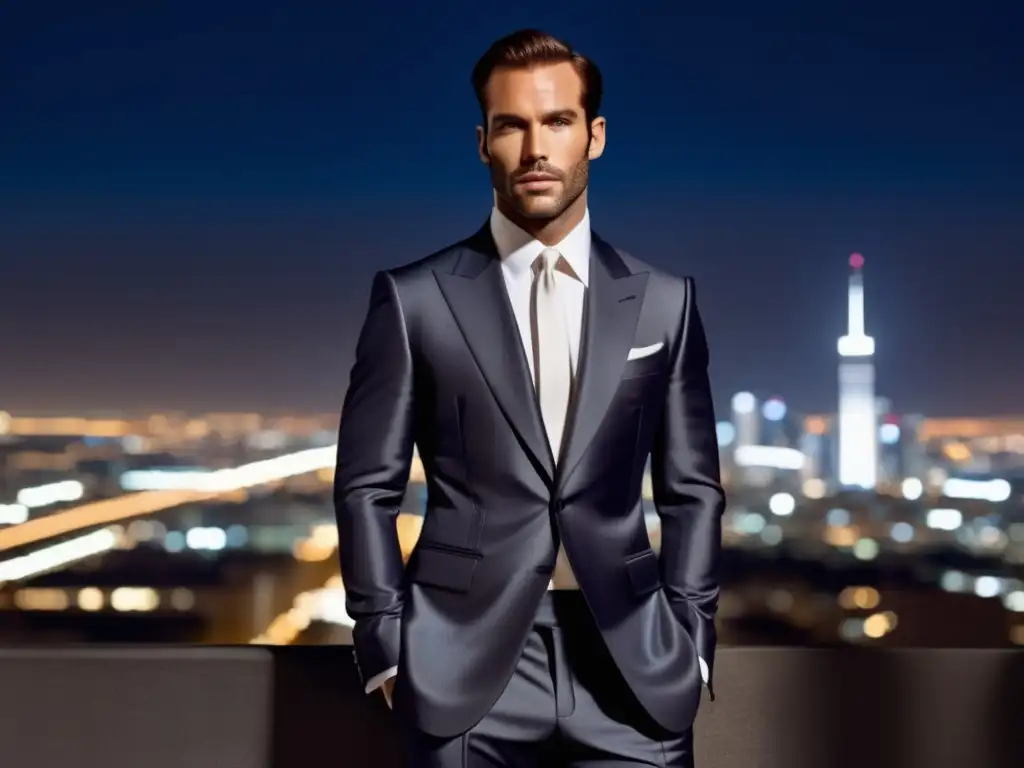 Tendencias moda masculina Tom Ford: modelo masculino en traje Tom Ford, ciudad nocturna minimalista, elegancia y sofisticación