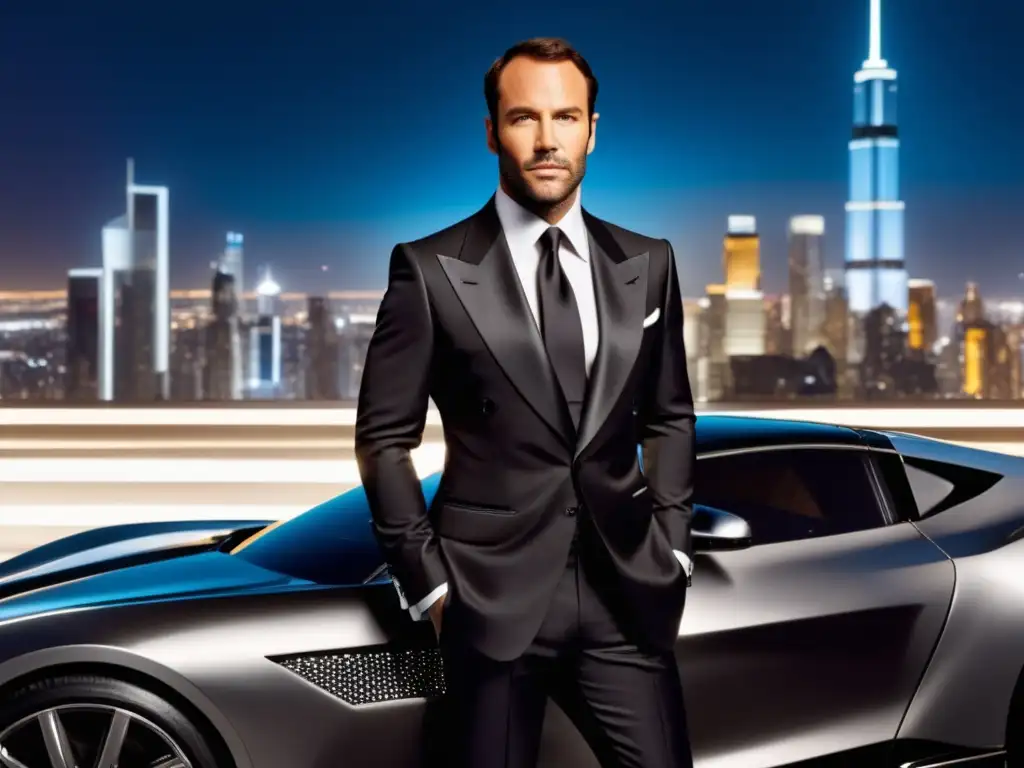 Tom Ford influye en el estilo de James Bond - Detalle ultradetallado del diseñador con traje elegante y escenario lujoso