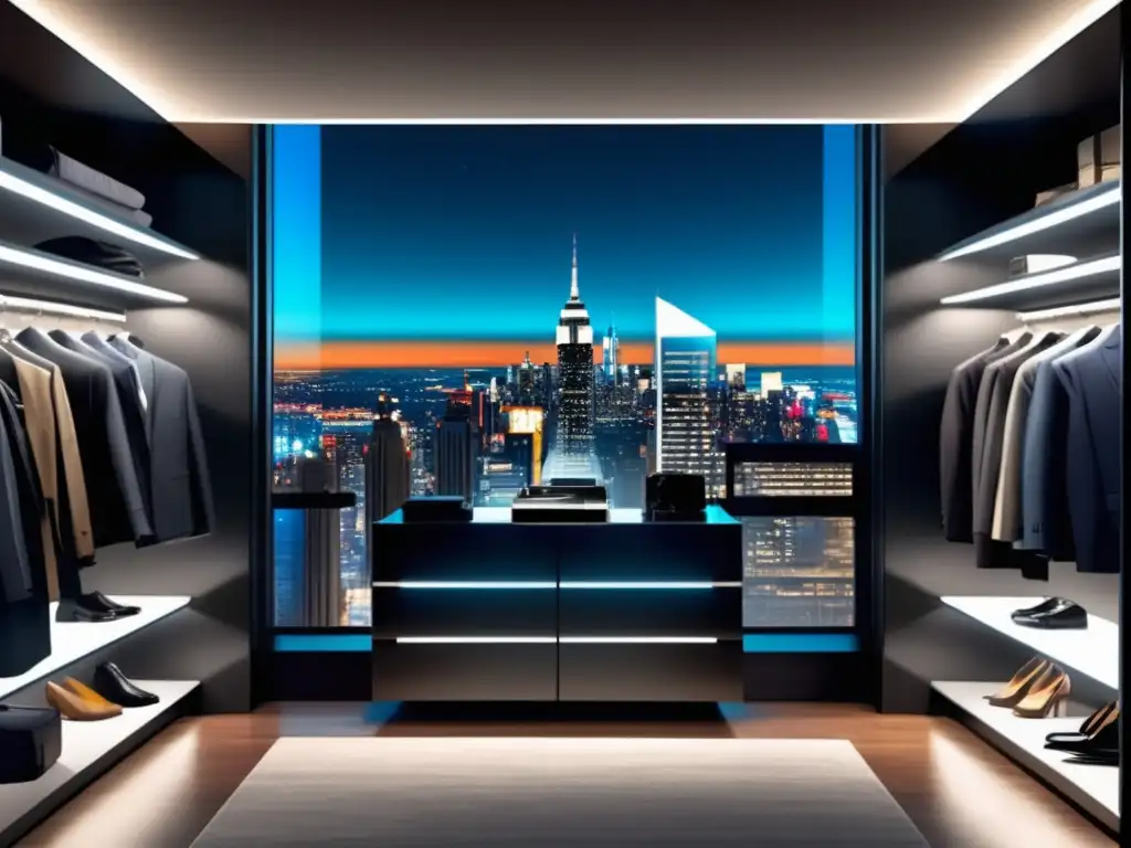 Estilo inolvidable Tony Stark Iron Man en elegante y moderno closet con vista nocturna de la ciudad