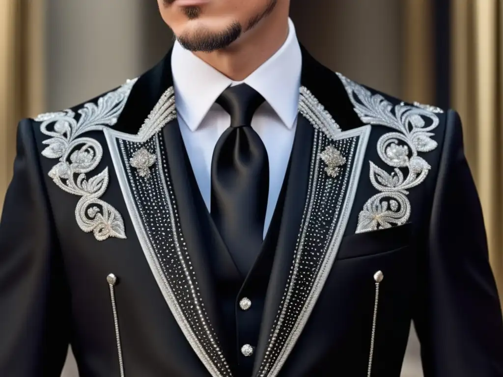 Tendencias moda masculina Alexander McQueen: Traje negro 8k con bordados plateados y diseño innovador