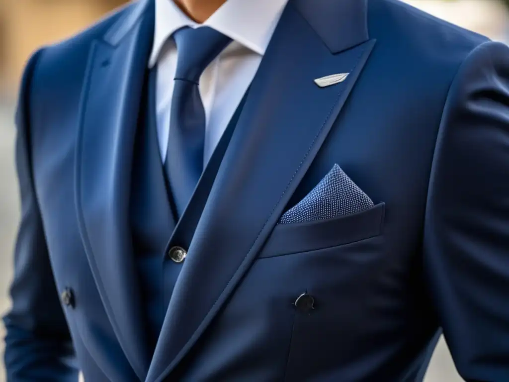 Consejos traje madurez: Imagen elegante de chaqueta azul marino a medida, resaltando detalles artesanales y estilo atemporal