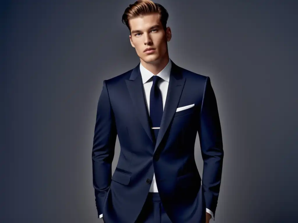 Análisis estilo Balenciaga moda masculina: modelo elegante en traje azul marino, estudio minimalista, expresión segura