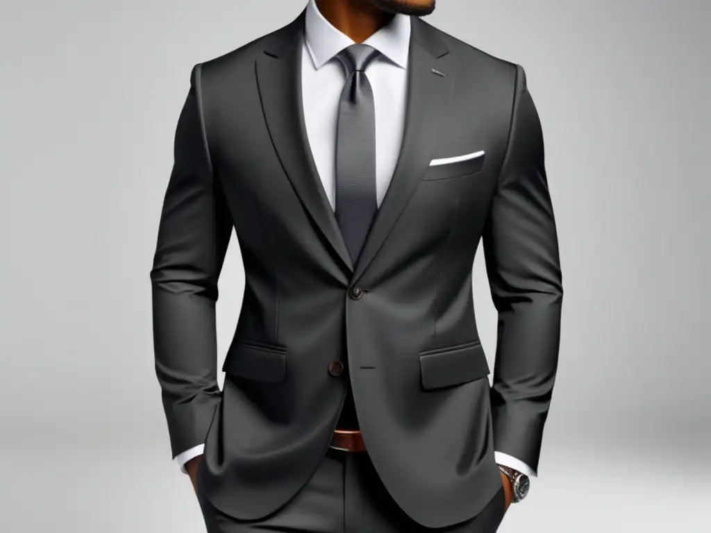 Tendencias moda masculina corporativa 2022: Traje moderno en gris carbón, camisa blanca, pantalón ajustado, corbata audaz y zapatos de cuero negro