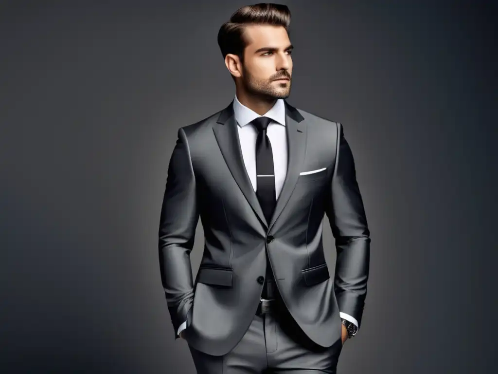 Looks corporativos masculinos atemporales en traje de chaqueta gris carbón bien ajustado, camisa blanca y corbata negra