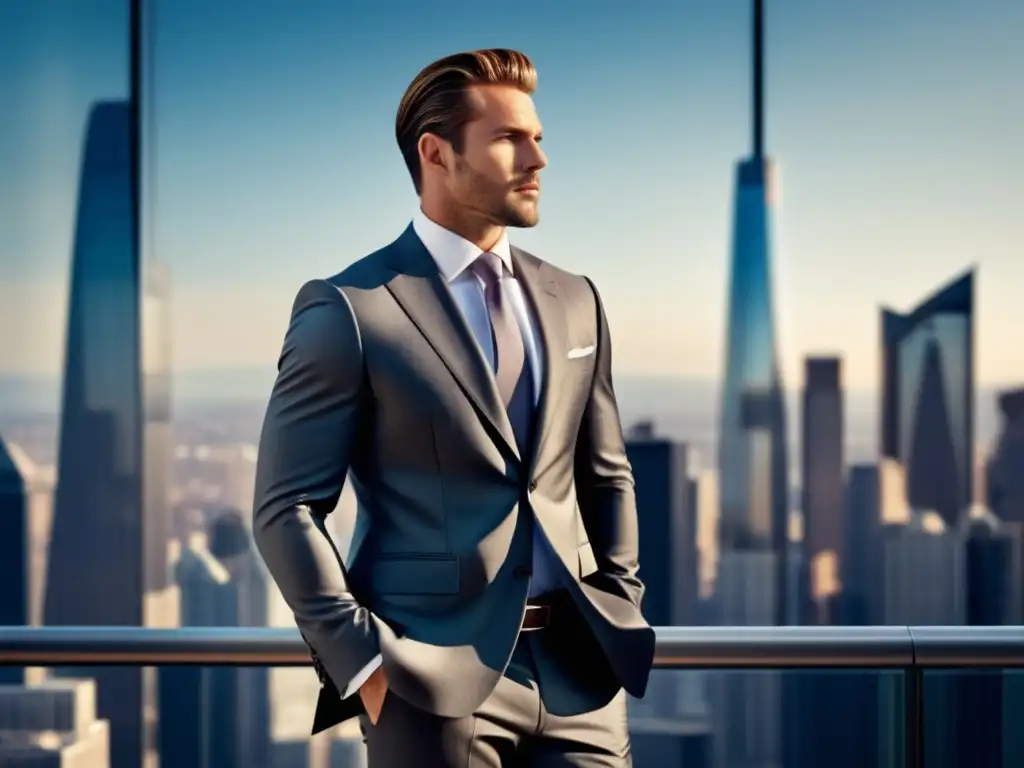 Hombre elegante con traje a medida, ciudad de fondo