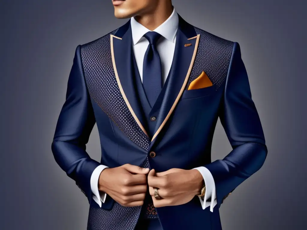 Traje azul marino con patrones y colores contrastantes, símbolo del lenguaje de diseño en moda masculina