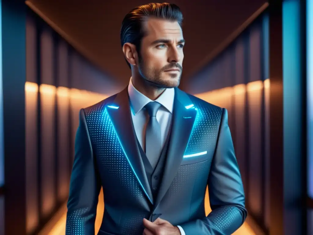 Hombre moderno en traje inteligente con tecnología de luces LED y sensores