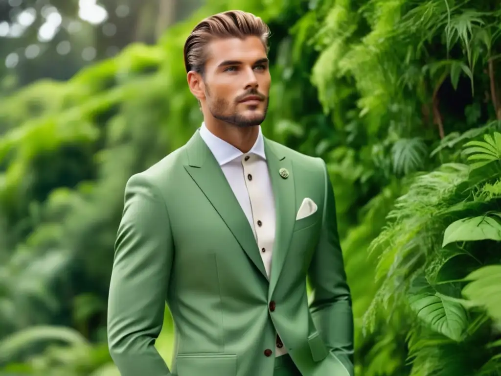 Moda masculina sostenible: Tendencias y consejos con un modelo elegante en un traje sostenible, conectando la moda y la naturaleza