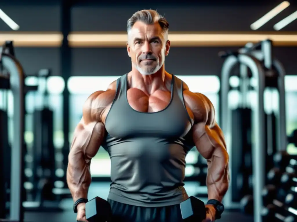 Hombre de mediana edad en gimnasio moderno, con expresión decidida y cuerpo musculoso