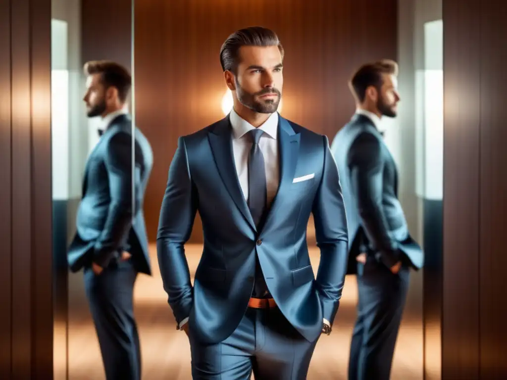 Consejos de moda masculina para autoestima: Hombre transformado con estilo y seguridad, reflejado en el espejo-