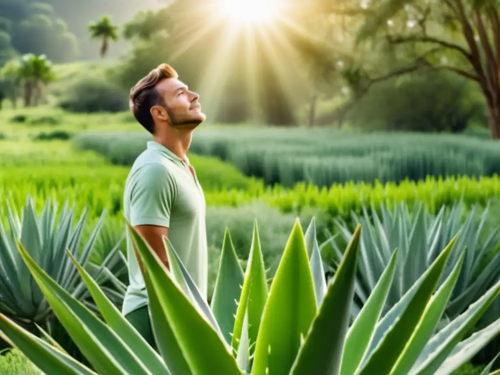 Tratamiento natural para el eccema masculino: imagen de hombre con piel saludable en un campo verde rodeado de elementos naturales