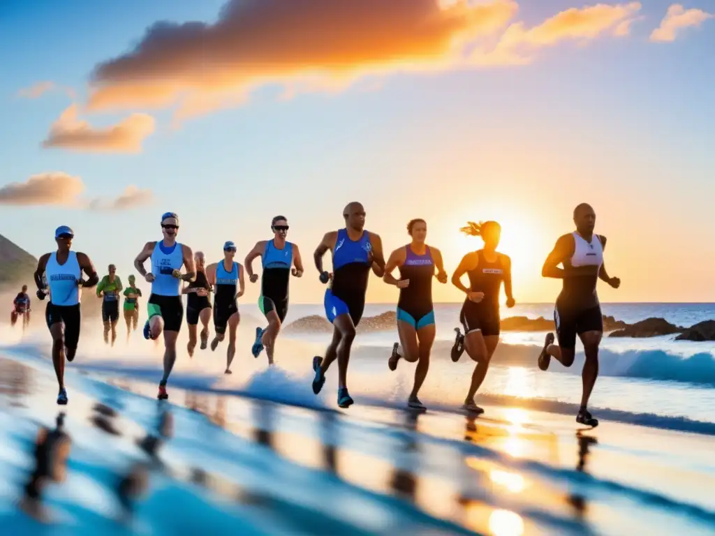 Deportes para mantenerse en forma y disfrutar: grupo diverso participando en un triatlón con paisaje costero y amanecer vibrante