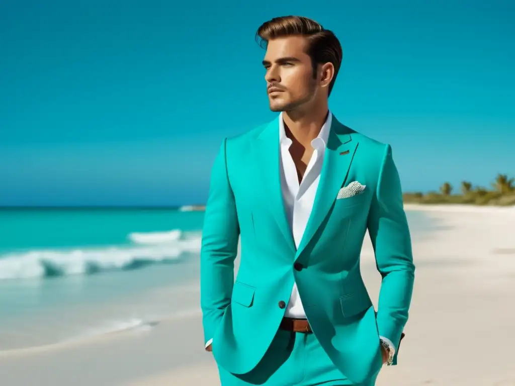 Beneficios del color turquesa en moda masculina: modelo elegante en traje turquesa en una playa serena