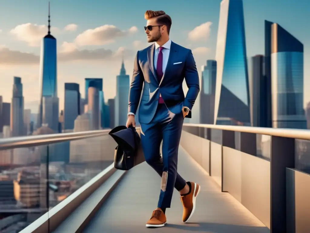 Hombre elegante en ciudad moderna, usando traje a medida y zapatillas de diseño