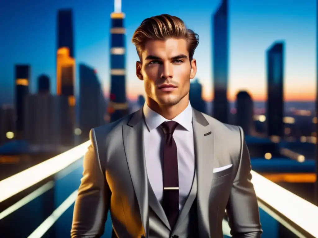 Guía estilo masculino: modelo urbano en traje impecable, reflejando confianza y sofisticación en la ciudad