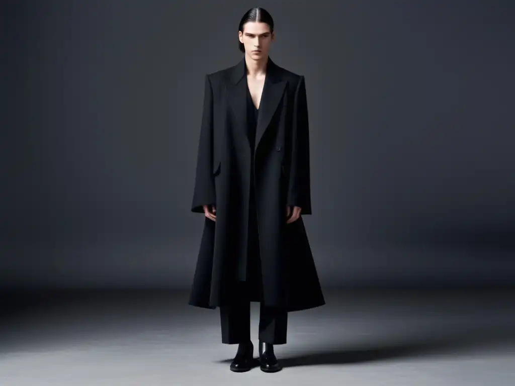 Tendencias moda masculina Yohji Yamamoto: Modelo masculino en outfit vanguardista, con abrigo negro y pantalones de corte amplio en gris